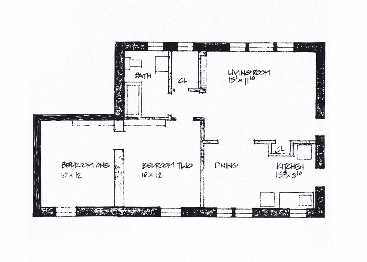 Floor plan for 2 beds, 1 bath, 830 sqft